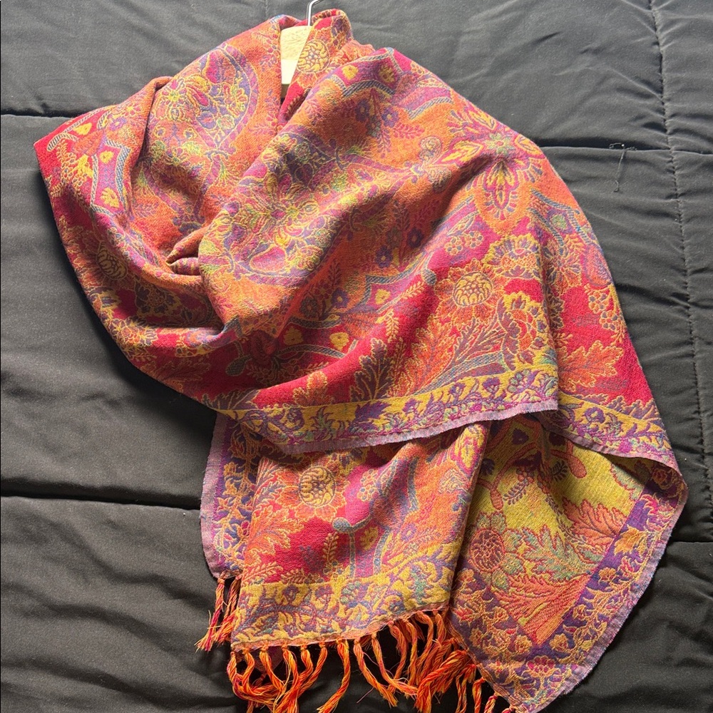 Colorful Paisley Wool Scarf with Fringe